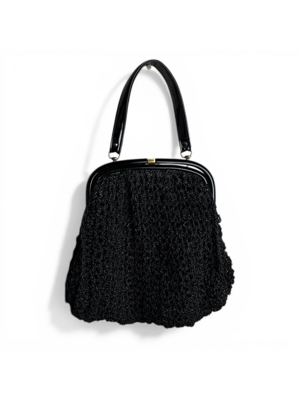 Vintage Black Crochet Handbag with Patent Accents